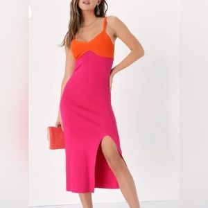 Lulus Malibu Magic Magenta and Orange Knit Color Block Midi Dress